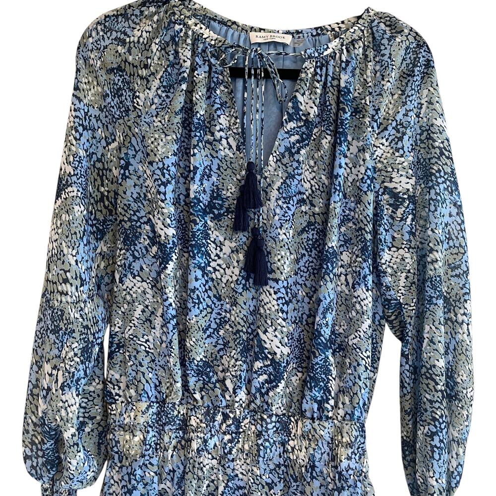 Ramy Brook Brinley Printed Tassel Tie Long Sleeve Mini Dress Navy Blue Size M - Picture 5 of 9